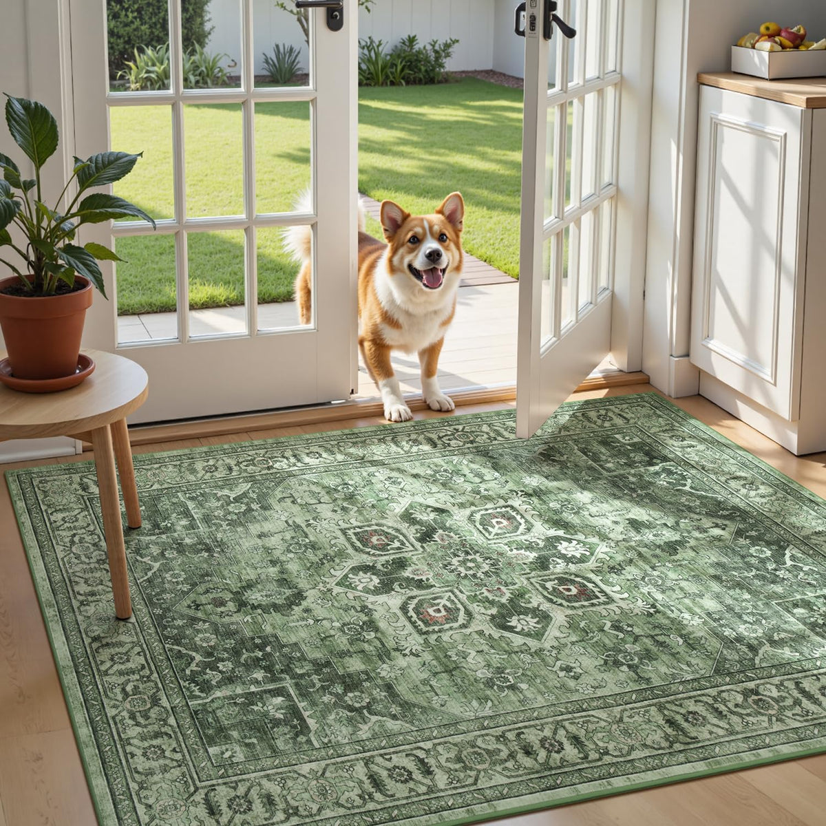 Sage Green 8x10 Area Rug for Living Room, Vintage Boho Large Carpet