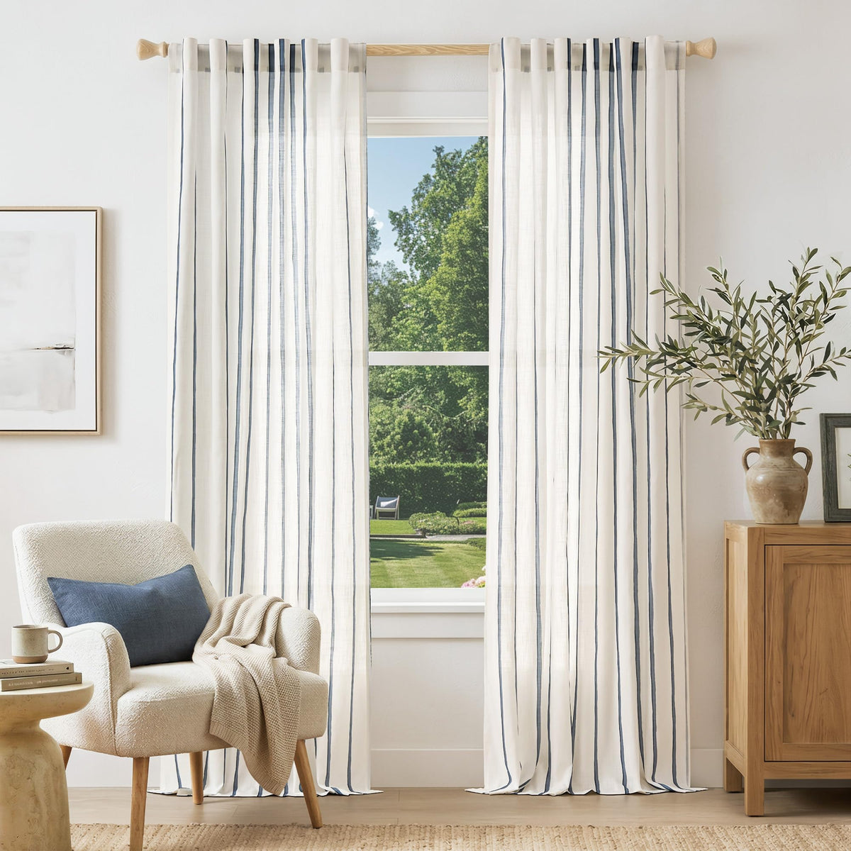 Vangao Linen Curtains for Living Room, Striped Blue Curtains 84L, 2 Panels