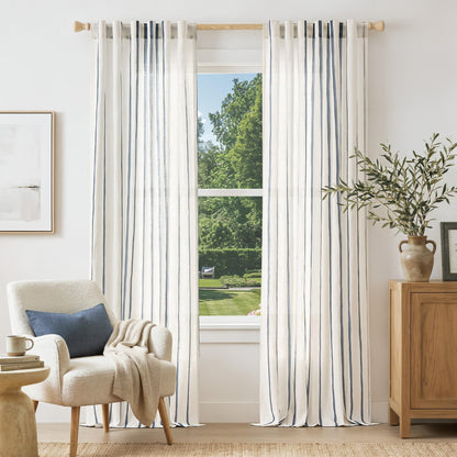 Vangao Linen Curtains for Living Room, Striped Blue Curtains 84L, 2 Panels