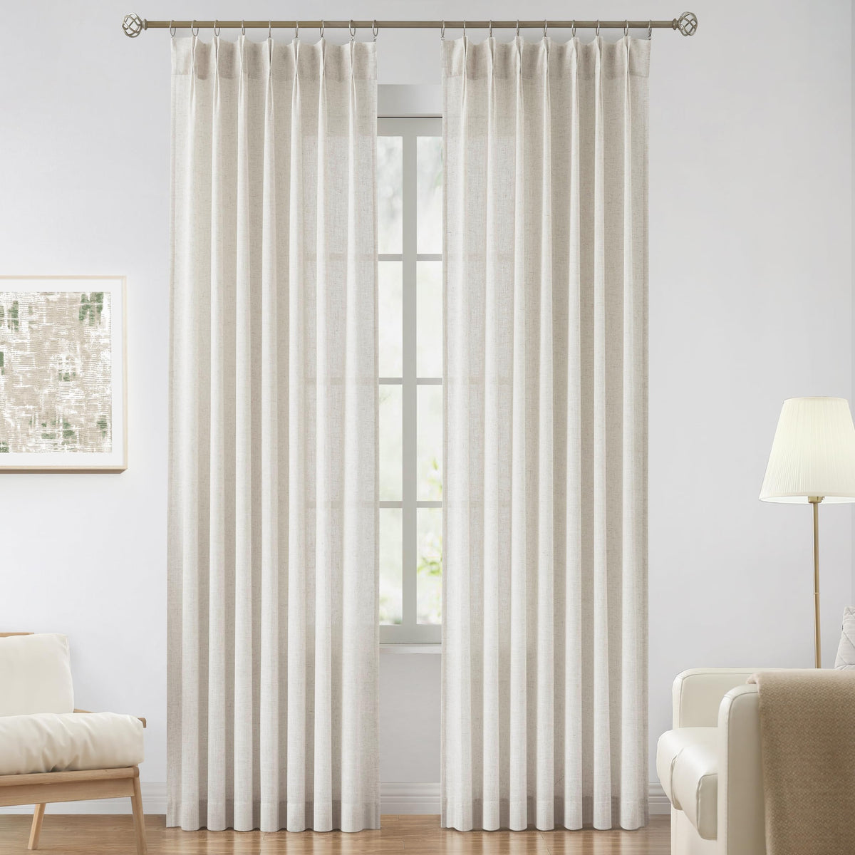Vision Home Natural Linen Pinch Pleated Semi Sheer Curtains 42Wx90Lx2