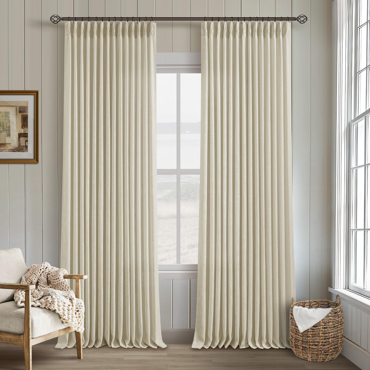 TWODRAPES Natural Pinch Pleated Linen Semi Sheer 84 Inch Curtains 2 Panels