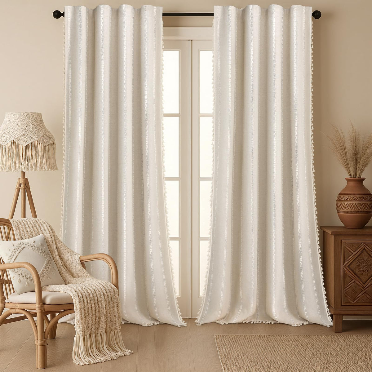 Boho 100% Blackout Curtains 84 Inch 2 Panels Linen Blend Beige