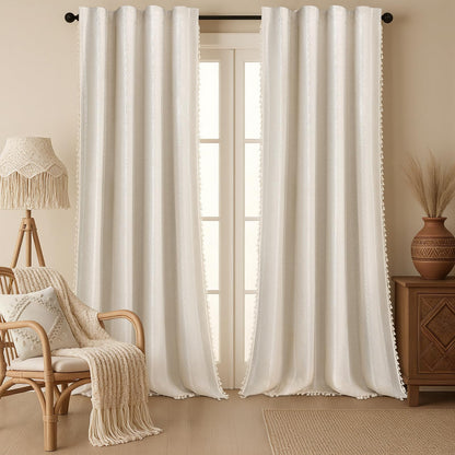 Boho 100% Blackout Curtains 84 Inch 2 Panels Linen Blend Beige