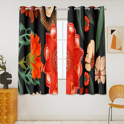 Tyrot Black Boho Floral Grommet Blackout Curtains, 52W x 84L, 2 Panels