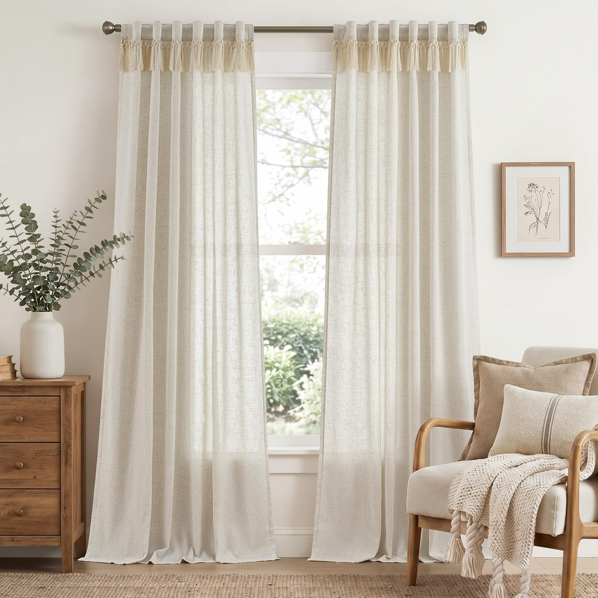 jinchan Linen Curtains Light Filtering Back Tab 50x96 Inch 2 Panels Beige