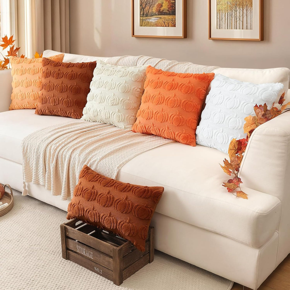 Artscope Fall Pillow Covers 18 x 18 Set of 2 Decorative Autumn Harvest Holiday Pumpkin Throw Pillow Cases Soft Plush Faux Fur Couch Cushion Case for Farmhouse Halloween Sofa Bed Room Home Decor-Rust