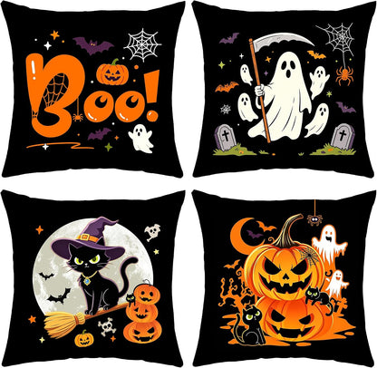 Halloween Decor Gifts Throw Pillow Covers 18x18 Set of 4 Boo Cat Ghost Pumpkin Decorative Pillow Covers Spooky Cushion Case Decoration for Famly Farmhouse Sofa Couch (Halloween)