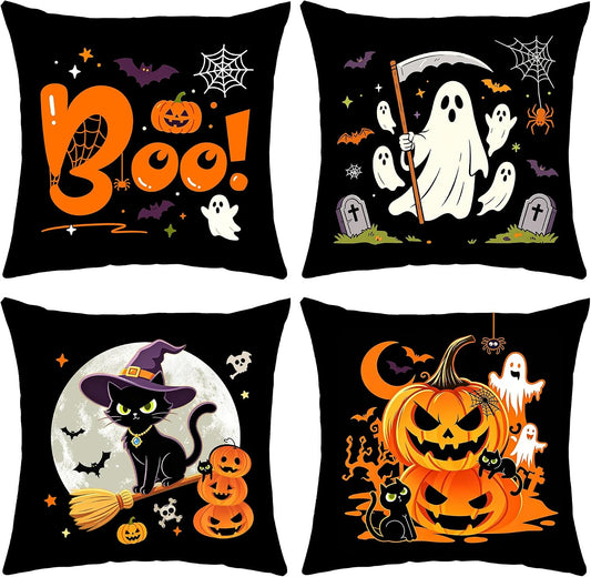 Halloween Decor Gifts Throw Pillow Covers 18x18 Set of 4 Boo Cat Ghost Pumpkin Decorative Pillow Covers Spooky Cushion Case Decoration for Famly Farmhouse Sofa Couch (Halloween)