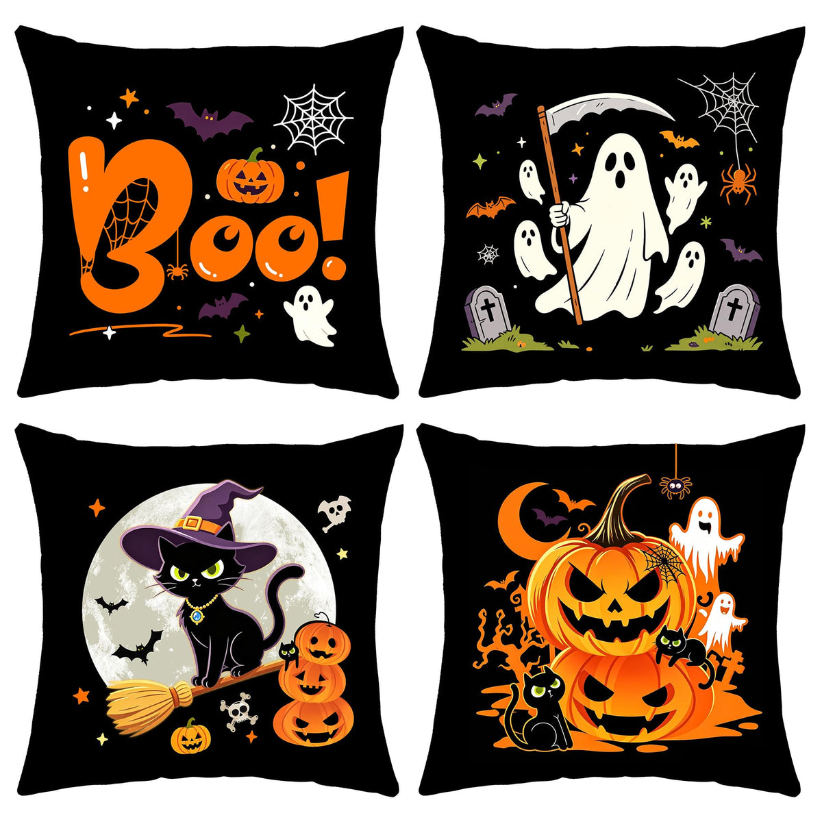 Halloween Decor Gifts Throw Pillow Covers 18x18 Set of 4 Boo Cat Ghost Pumpkin Decorative Pillow Covers Spooky Cushion Case Decoration for Famly Farmhouse Sofa Couch (Halloween)