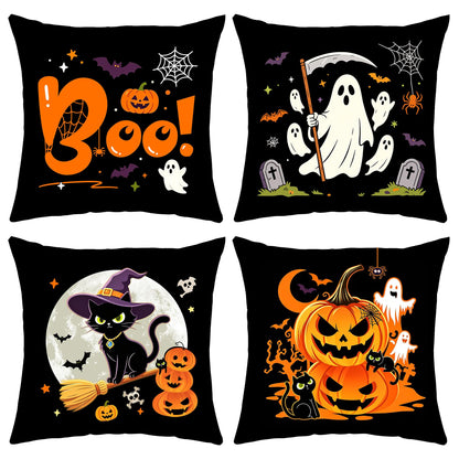 Halloween Decor Gifts Throw Pillow Covers 18x18 Set of 4 Boo Cat Ghost Pumpkin Decorative Pillow Covers Spooky Cushion Case Decoration for Famly Farmhouse Sofa Couch (Halloween)