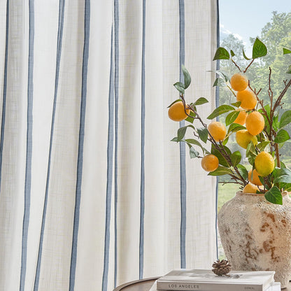Vangao Linen Curtains for Living Room, Striped Blue Curtains 84L, 2 Panels