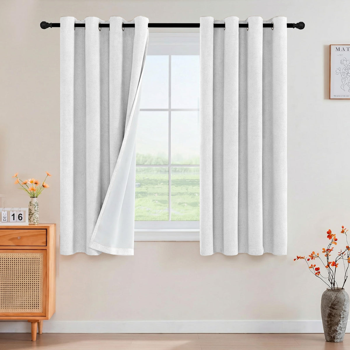 PrinceDeco Natural Linen Curtains 100% Blackout Linen Curtains for Bedroom Full Blackout Curtains 84 Inches Long Living Room Thermal Insulated Light Blocking Curtain Drapes White Backing, 2 Panels
