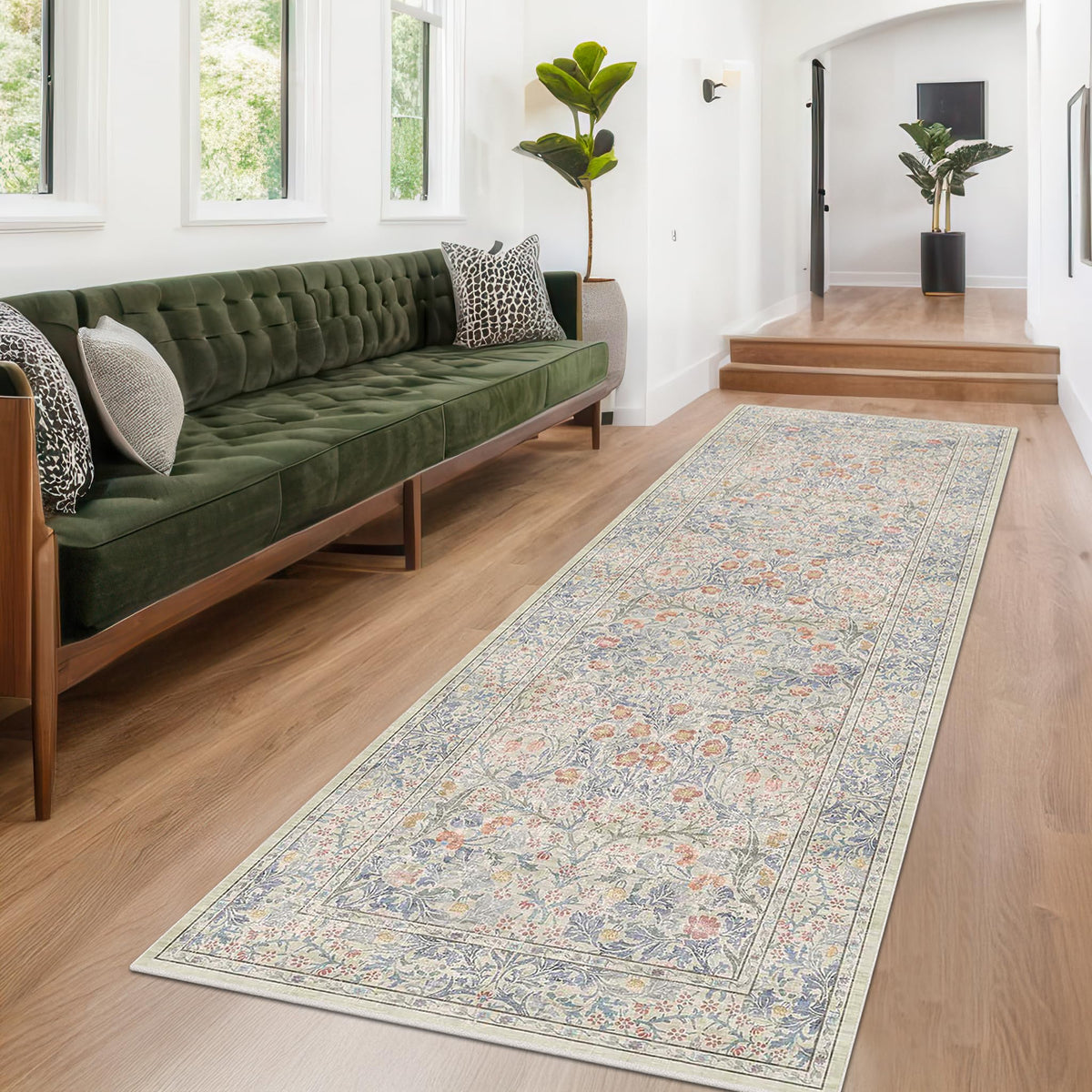 Floral Dark Green Washable Area Rugs 8x10, Vintage Living Room Rug