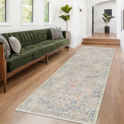 Floral Dark Green Washable Area Rugs 8x10, Vintage Living Room Rug