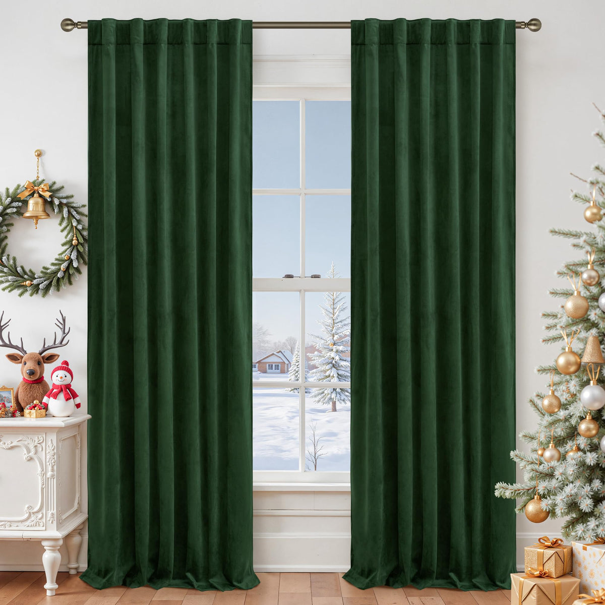LAMIT Olive Green Velvet Curtains 84 Inch Length for Living Room, 2 Panels