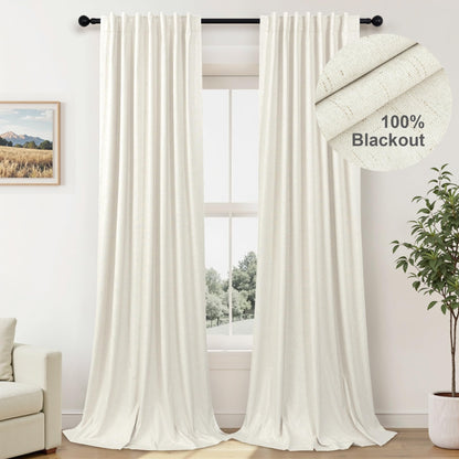100% Blackout Curtains 84 Inch Length 2 Panels Set Neutral Boho Linen Farmhouse for Bedroom Windows Living Room Darkening Thermal Insulated Drapes Natural Cream Ivory 7ft Long Back Tab Pleated Pocket