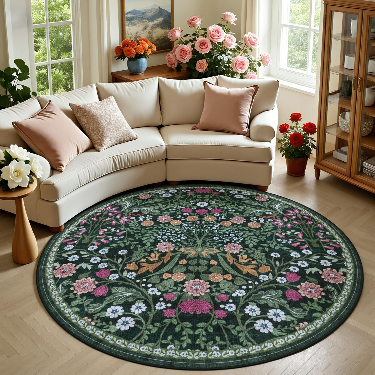 PLHXFR 8x10 Area Rug Living Room: Floral Washable Boho Carpet Dark Green