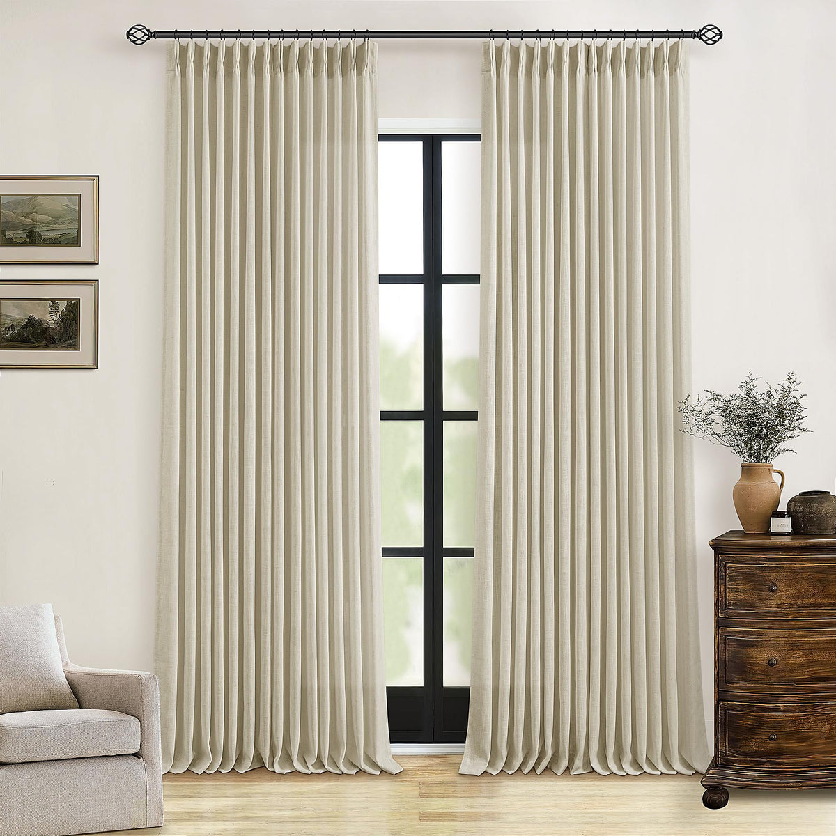 TWODRAPES Natural Pinch Pleated Linen Semi Sheer 84 Inch Curtains 2 Panels