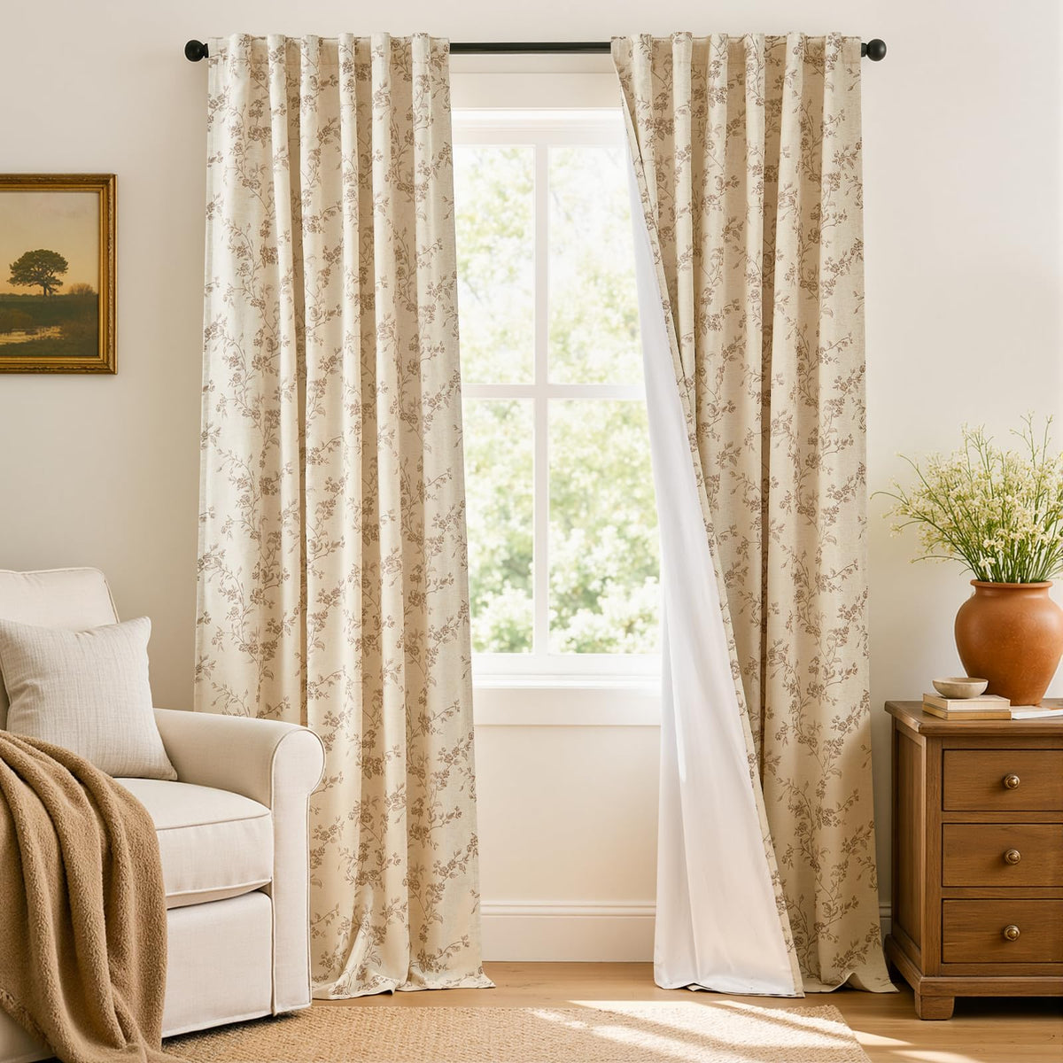 Lazzzy Taupe Vintage Floral Linen Curtains Farmhouse 50W X 84L 2 Panels