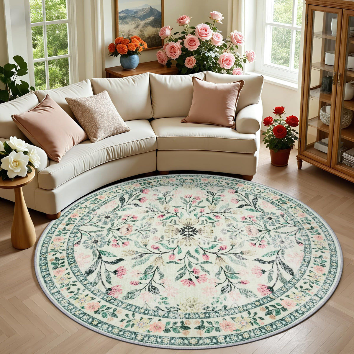 PLHXFR 8x10 Area Rug Living Room: Floral Washable Boho Carpet Dark Green