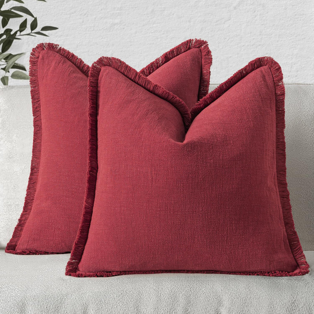 MIULEE Linen Fringe Decorative Fall Throw Pillow Covers Cocoa Brown 18x18