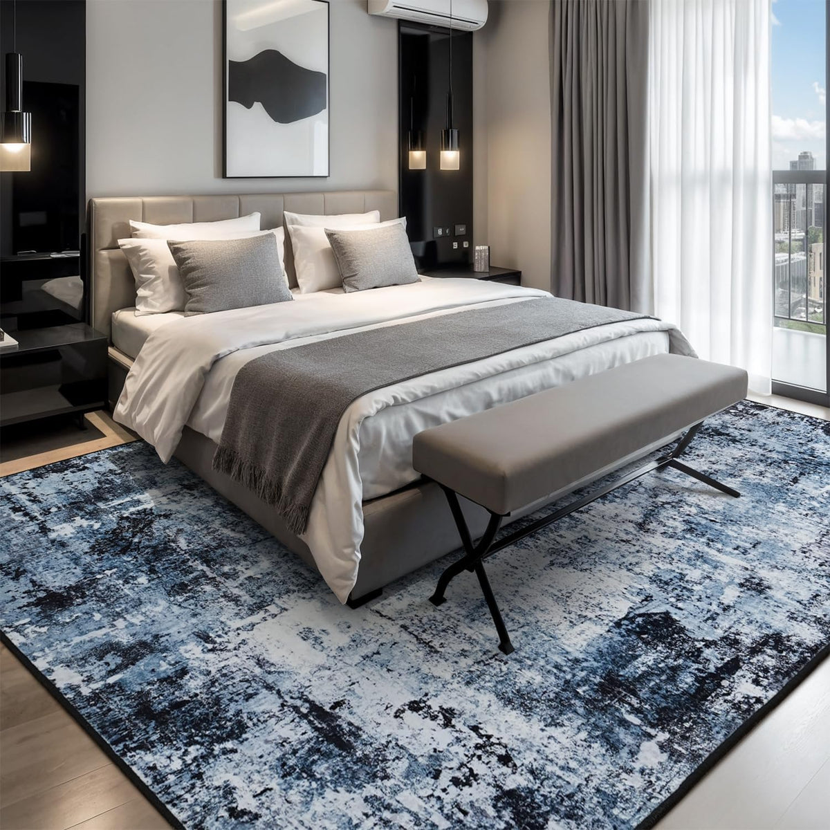 Rugflix 8x10 Area Rug for Living Room, Washable Navy Blue Dark Black Carpet
