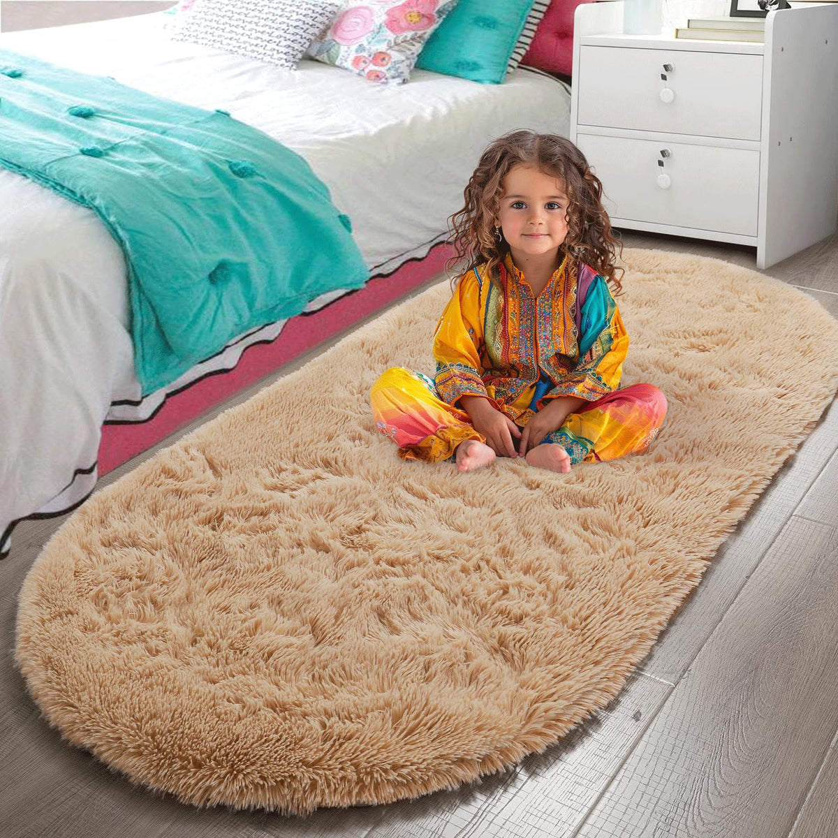 LOCHAS Bedroom Rug 2.6' x 5.3', Grey Fluffy Shaggy Area Rug for Kids Room