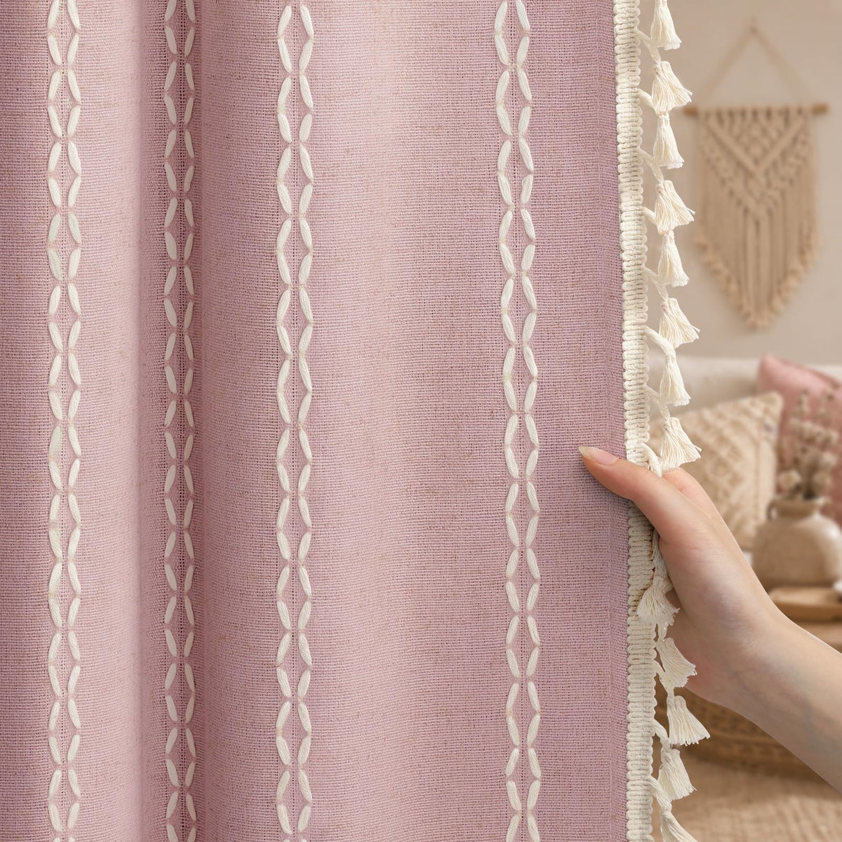 Boho 100% Blackout Curtains 84 Inch 2 Panels Linen Blend Beige