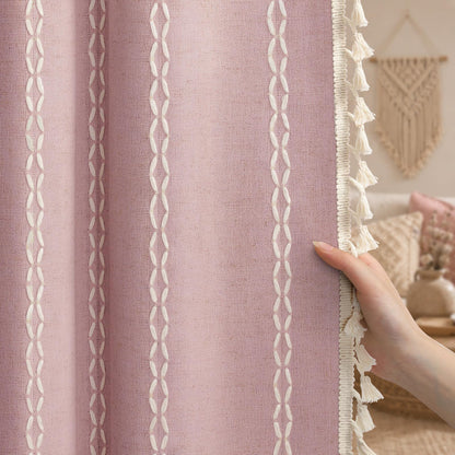 Boho 100% Blackout Curtains 84 Inch 2 Panels Linen Blend Beige