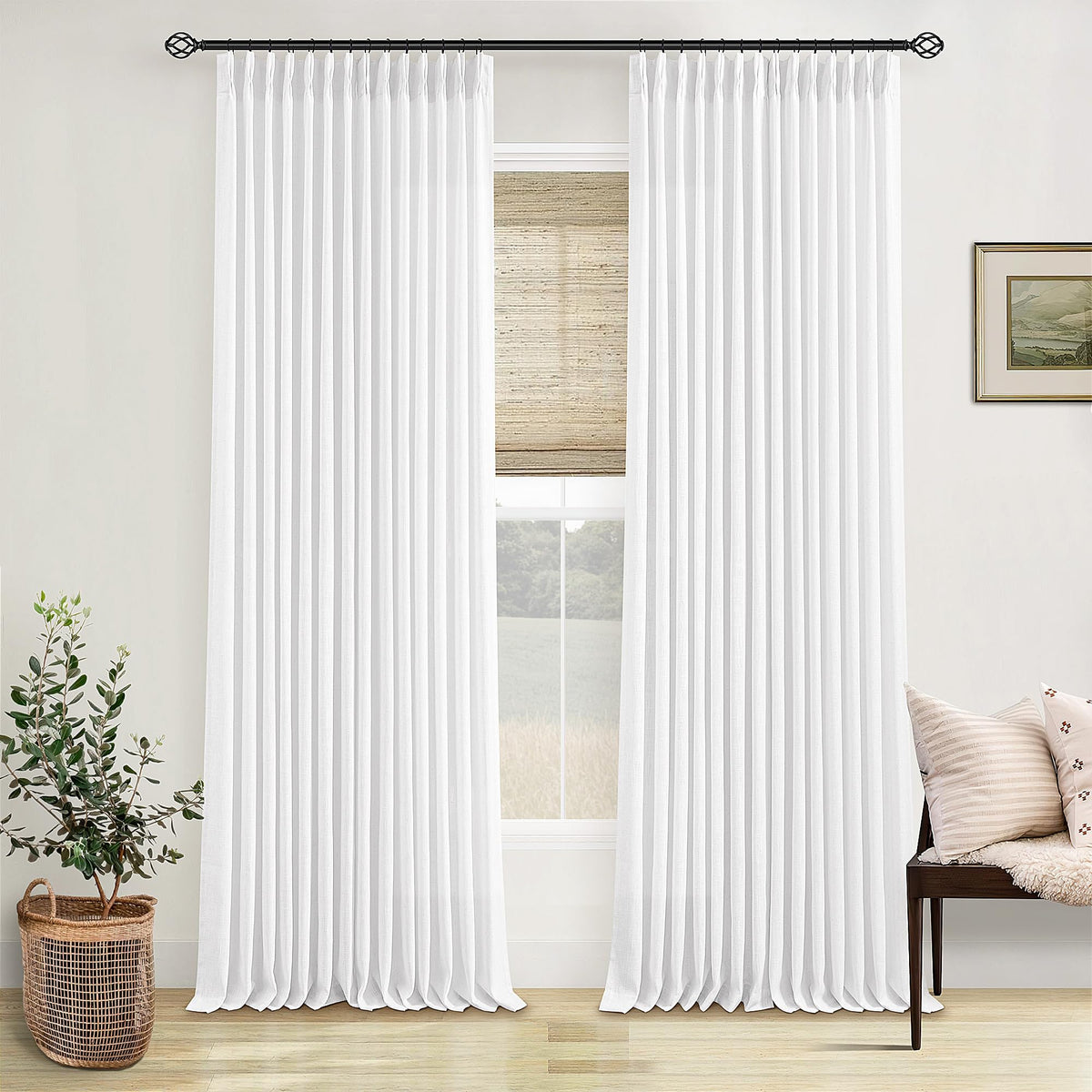 TWODRAPES Natural Pinch Pleated Linen Semi Sheer 84 Inch Curtains 2 Panels