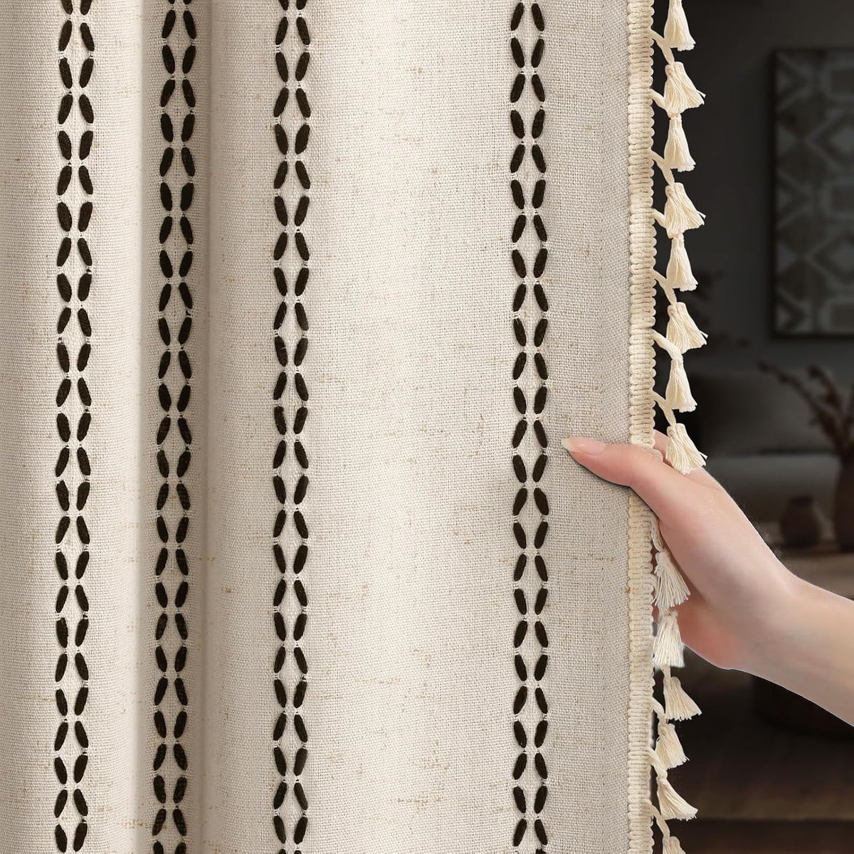 Boho 100% Blackout Curtains 84 Inch 2 Panels Linen Blend Beige