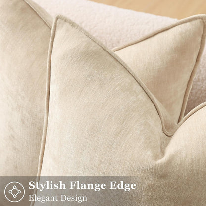 decorUhome Chenille Beige Velvet Throw Pillow Covers 18x18 Set of 2