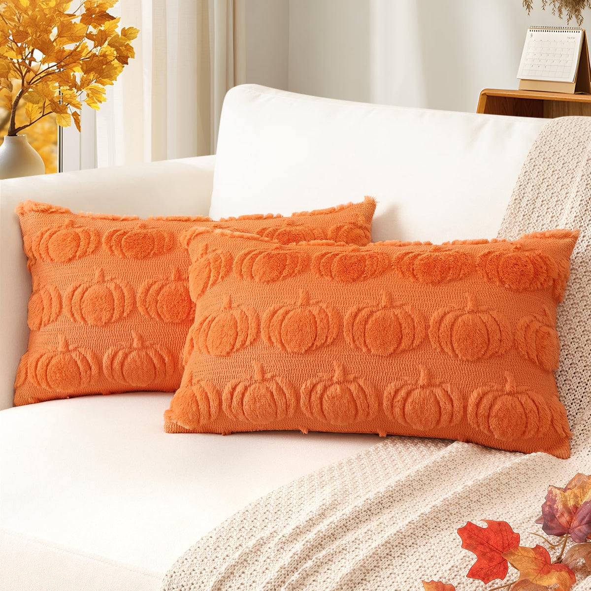 Artscope Fall Pillow Covers 18 x 18 Set of 2 Decorative Autumn Harvest Holiday Pumpkin Throw Pillow Cases Soft Plush Faux Fur Couch Cushion Case for Farmhouse Halloween Sofa Bed Room Home Decor-Rust
