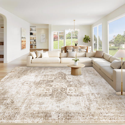 Area Rug 8x10 Washable Rug, Vintage Boho Medallion Rugs Non-Slip Soft Low Pile Large Distressed Rug Indoor Retro Carpet for Living Room Bedroom Dining Room Office Children's Room(Beige, 8'x10')