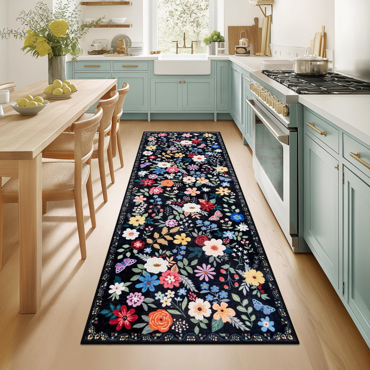 PLHXFR 8x10 Area Rug Living Room: Floral Washable Boho Carpet Dark Green