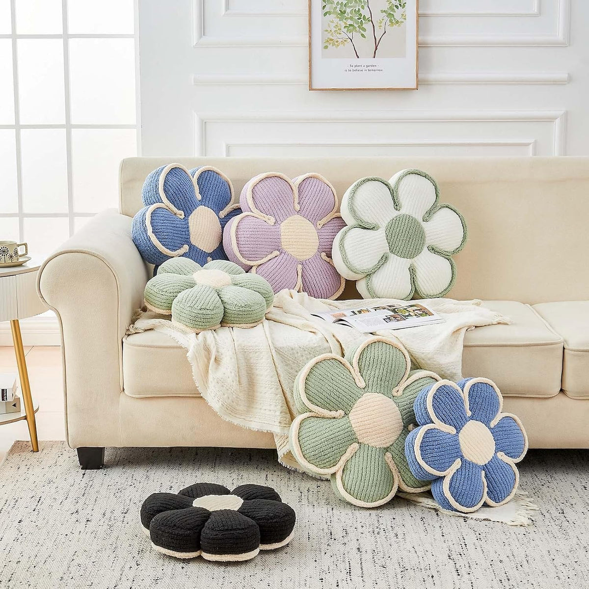 Kcvvcr Flower Pillow, Soft Flower Decorative Throw Pillow, Cute Daisy Flower Shaped Seating Floor Cushion Room Décor Plush Pillows for Sofa Couch Bed (13.7 Inch, Sage Green)