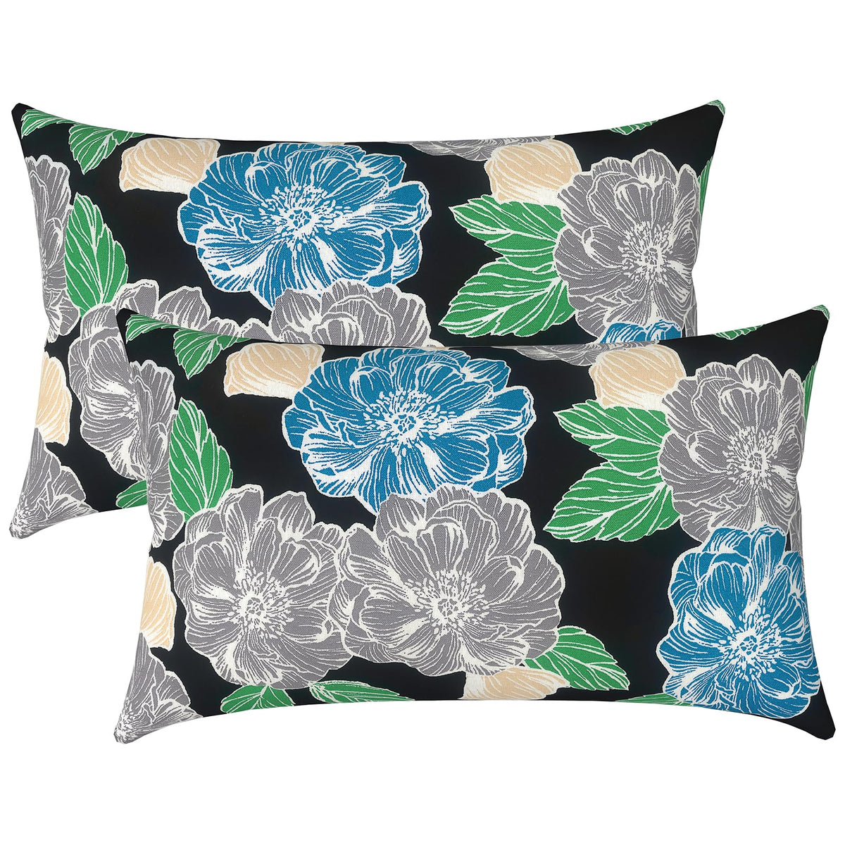 LVTXIII Set of 2 Patio Lumbar Pillows, 12" x 20" Fade Resistant Outdoor Lumbar Pillow with Inners, Fluffy Decorative Garden Lumbar Cushions for Home Patio Coach Sofa Use, Jacobean Black