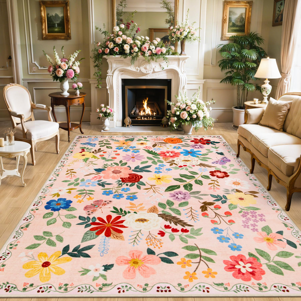 PLHXFR 8x10 Area Rug Living Room: Floral Washable Boho Carpet Dark Green