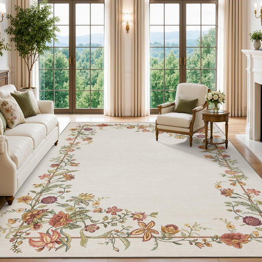 JOLLYVOGUE Washable 8x10 Area Rug for Living Room, Vintage Floral, Beige