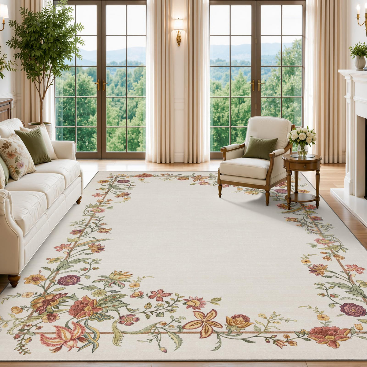 JOLLYVOGUE Washable 8x10 Area Rug for Living Room, Vintage Floral, Beige