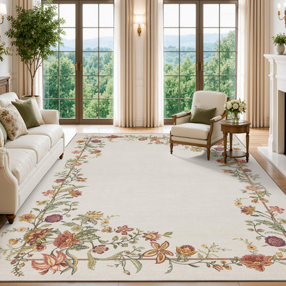 JOLLYVOGUE Washable 8x10 Area Rug for Living Room, Vintage Floral, Beige