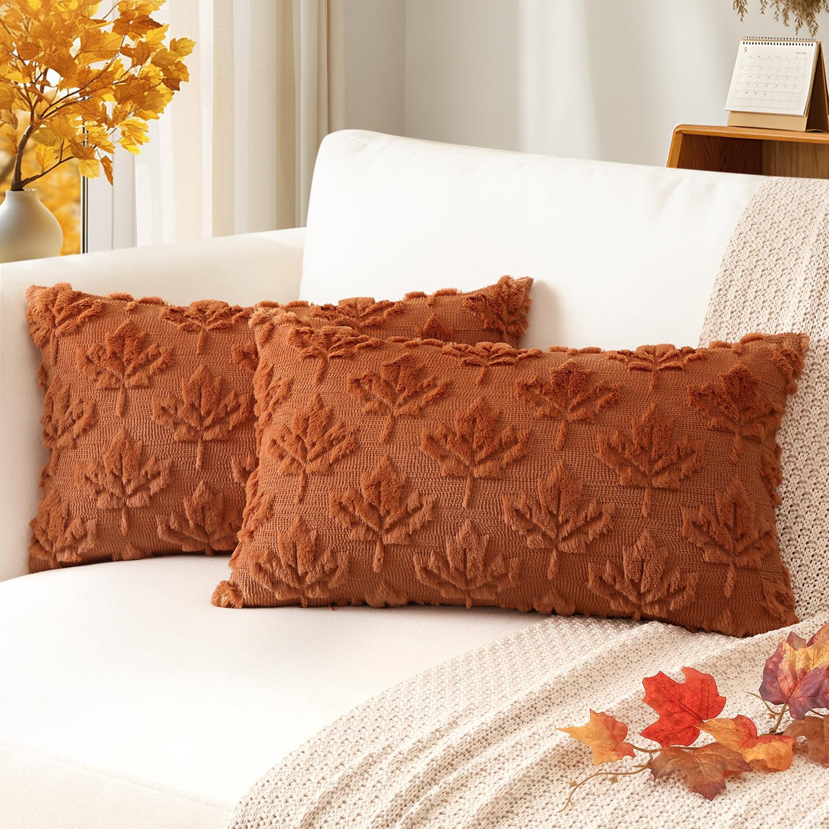 Artscope Fall Pillow Covers 18 x 18 Set of 2 Decorative Autumn Harvest Holiday Pumpkin Throw Pillow Cases Soft Plush Faux Fur Couch Cushion Case for Farmhouse Halloween Sofa Bed Room Home Decor-Rust