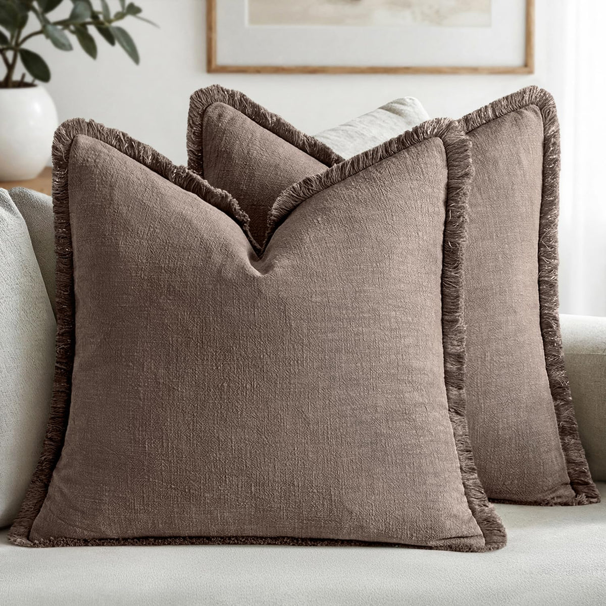 MIULEE Linen Fringe Decorative Fall Throw Pillow Covers Cocoa Brown 18x18