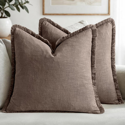 MIULEE Linen Fringe Decorative Fall Throw Pillow Covers Cocoa Brown 18x18