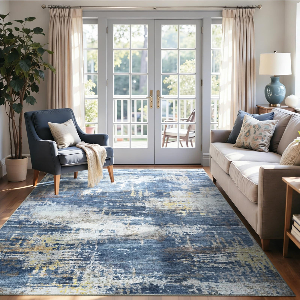 6x9 Ft Abstract Washable Area Rugs for Living Room Blue