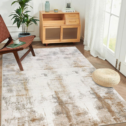 famibay 5x8 Area Rug, Abstract Washable Rugs for Living Room Low Pile Neutral Area Rug for Bedroom Aesthetic Non Slip Rubber Backed Carpet Rugs for Living Room Bedroom Dining Room(Beige/Camel)