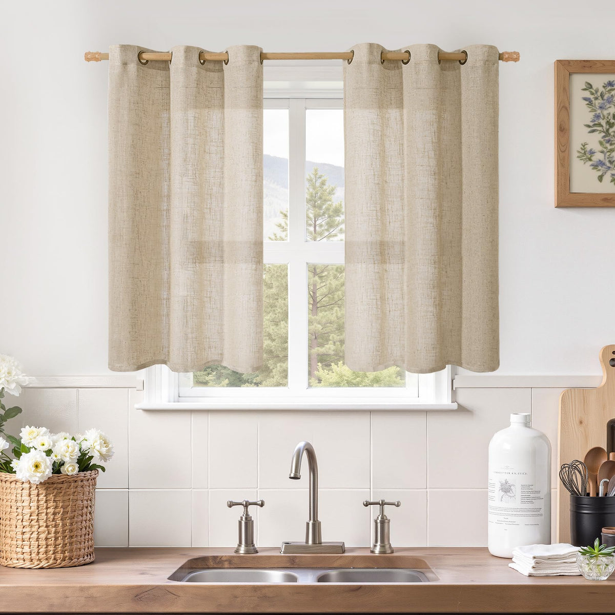 LAMIT Cream Ivory Linen Semi Sheer Curtains 84 inch Length for Bedroom