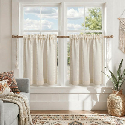 Boho 100% Blackout Curtains 84 Inch 2 Panels Linen Blend Beige