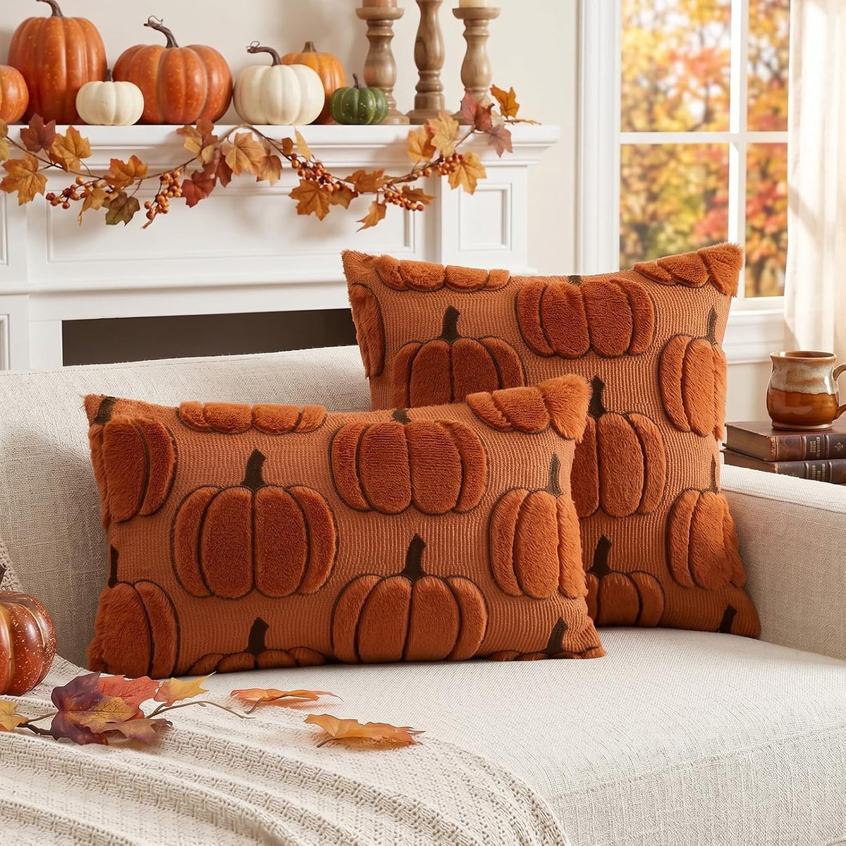 Artscope Fall Pumpkin Throw Pillow Covers 18x18 Set of 2, Autumn Soft Plush Faux Fur Decoration Cushion Covers for Thanksgiving & Halloween Couch Sofa Bedroom Home Decor-Rust