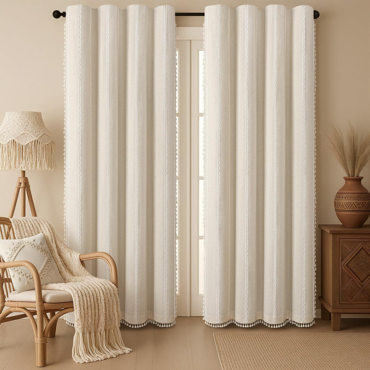 Boho 100% Blackout Curtains 84 Inch 2 Panels Linen Blend Beige